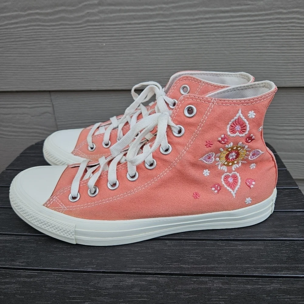 Converse Hi Top Shoes Heart & Floral Embroidery Bright Madder Pink A02203C 9.5 - Picture 8 of 15